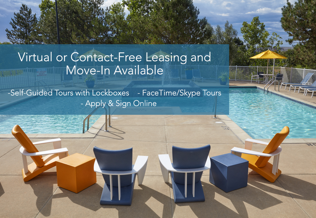 a virtual or contact free leasing and move in availability for a pool with lounge chairs